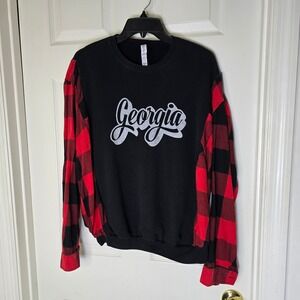 Upcycled black Georgia t-shirt with red plaid flannel‎ OS